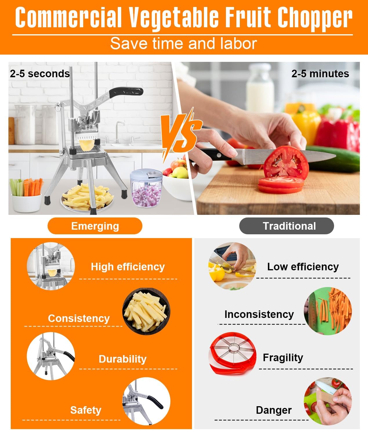 Commercial Vegetable Fruit Chopper 1/4″&3/8″ Blade Heavy Duty Professional Food Dicer Kattex French Fry Cutter Onion Slicer Stainless Steel for Tomato Peppers Potato