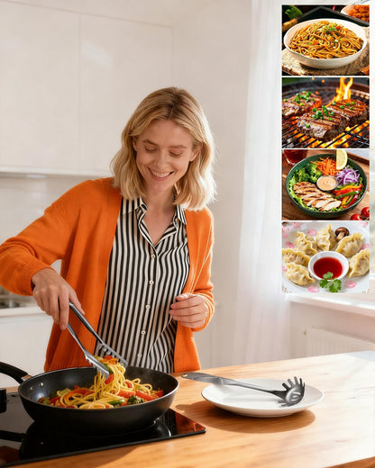 Spaghetti Spoon and Pasta Tong with Grip Teeth and Drain Holes, 2-Piece Non-Stick Silicone Head with Stainless Steel Handle, Heat Resistant Food Grade Utensils for Cooking, Serving, Salad and Noodles