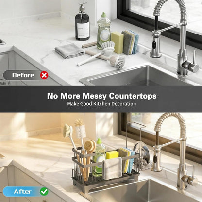 Sponge Holder for Kitchen Sink, Sink Caddy Organizer with Detachable Cloth & Brush Holder, Self-Draining Sponge Caddy Organizer with 360° Rotatable Spout, Kitchen Countertop Storage Accessories(White)