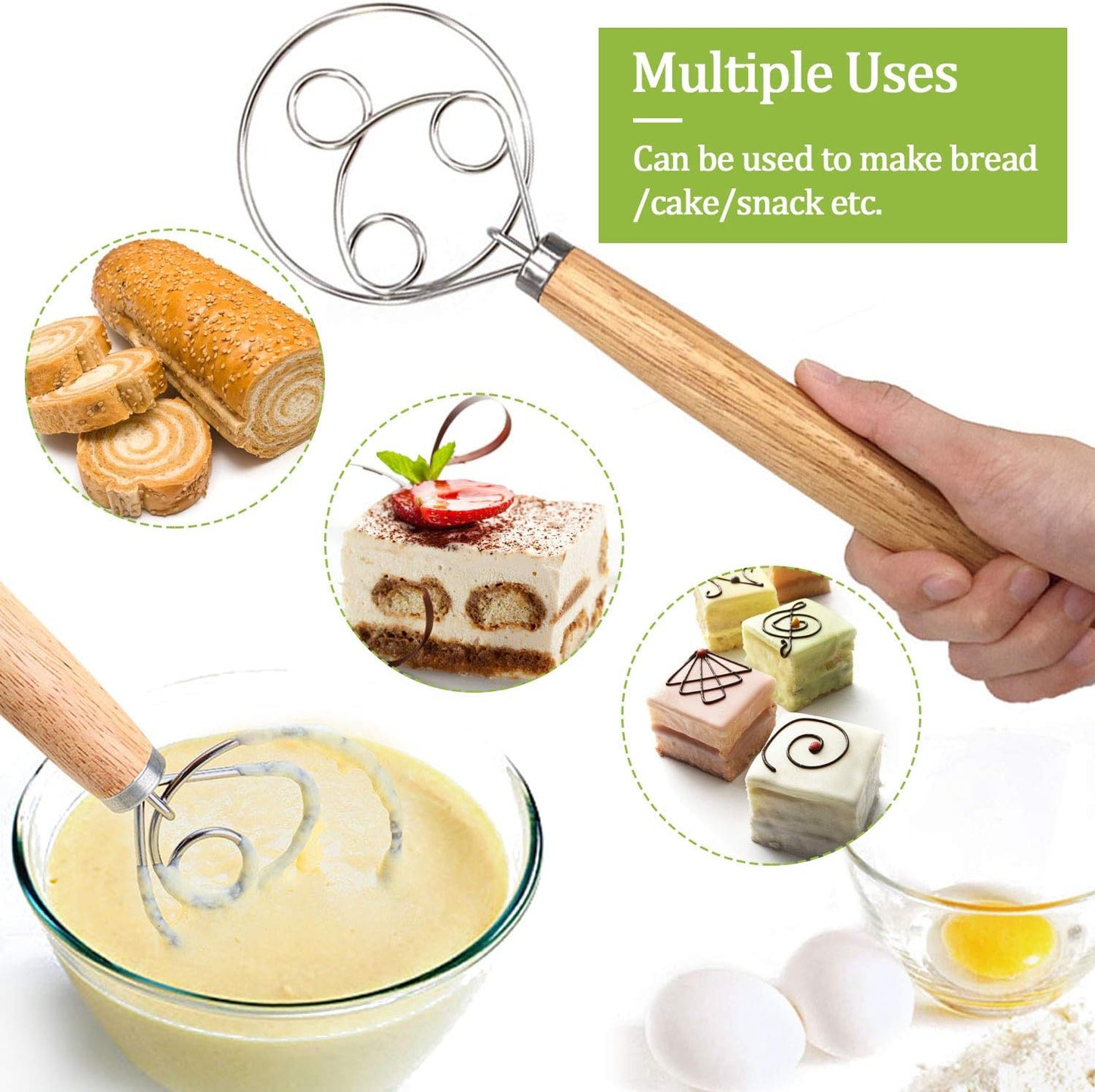 3PCS Danish Dough Whisks, Kalolary Premium Mixing Whisk Tools for Kitchen Baking Wooden Handle Stainless Steel Manual Dough Mixer Bread Cake Making(3 Size Included)