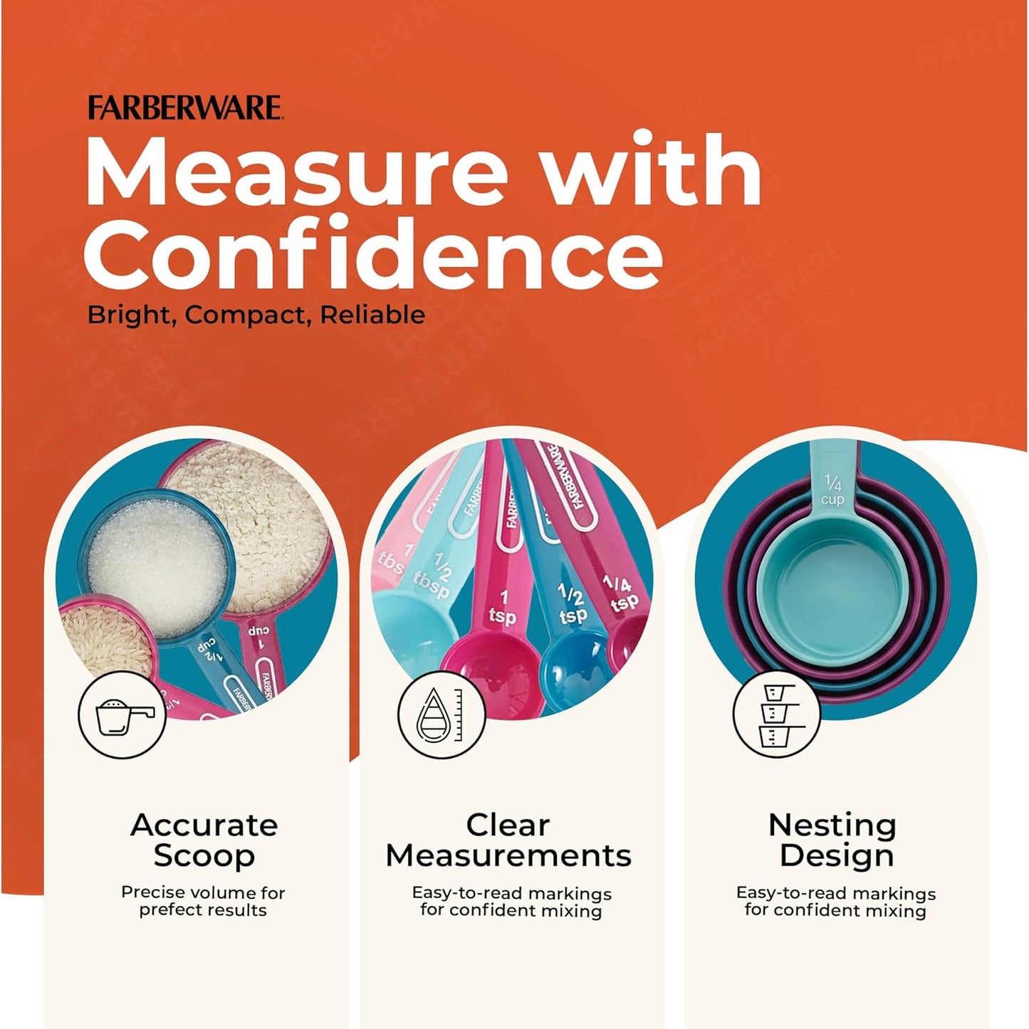 FARBERWARE 5-Piece Measuring Cup Set with Coffee Scoop, Durable Plastic Nesting Measuring Cups with Easy-Read Markings, BPA-Free, Dishwasher Safe