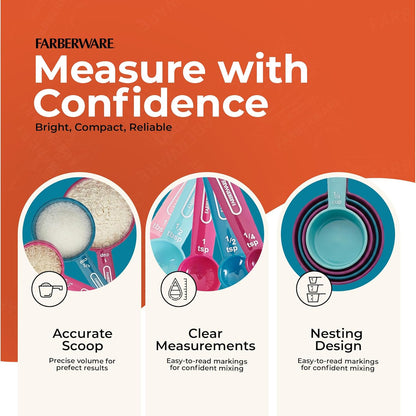 FARBERWARE 5-Piece Measuring Cup Set with Coffee Scoop, Durable Plastic Nesting Measuring Cups with Easy-Read Markings, BPA-Free, Dishwasher Safe