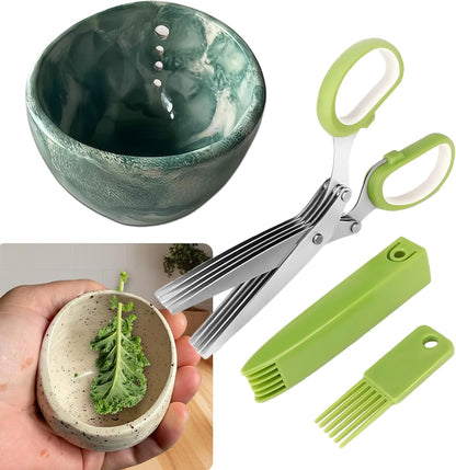 2026 Latest Herb Stripper Pottery Bowl Cutter Tool: Stripping Ceramic Fresh Herbs Kale Striper Cilantro Cutting Razor Gifts Herbalists Peeler Shredder Chopper Clay Copper Small Cup Grater (BLUE)