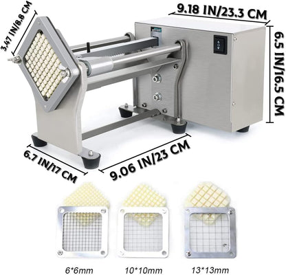French Fry Potato Cutter Machine Electric Cutting Slicer Chipper Automatic Potato Cutter with 3 Sizes of Replaceable Blades Stainless Steel for Commercial Industrial Kitchen Restaurant Use