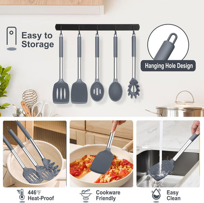 TeamFar Cooking Utensils Set, 5 PCS Silicone Kitchen Utensils with Stainless Steel Handle, for Nonstick Cookware Flipping Frying Turning Draining, Heatproof & Healthy, Nonstick & Easy Clean, Black