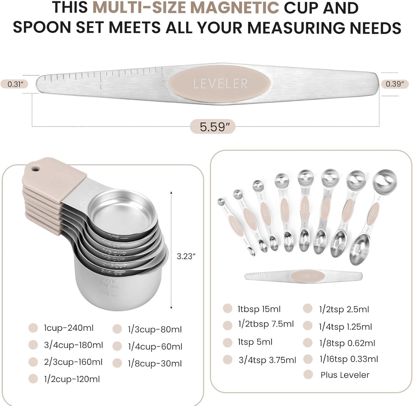 Magnetic Measuring Cups and Spoons Set-Heavy Duty 304 Stainless Steel，Double Measurement Markings，Set of 16 with Leveler for Measure Dry and Liquid Ingredients (Black)