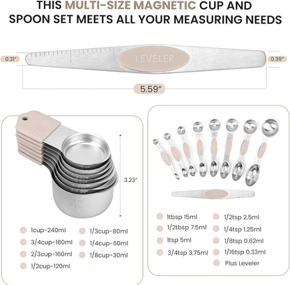 Magnetic Measuring Cups and Spoons Set-Heavy Duty 304 Stainless Steel，Double Measurement Markings，Set of 16 with Leveler for Measure Dry and Liquid Ingredients (Black)