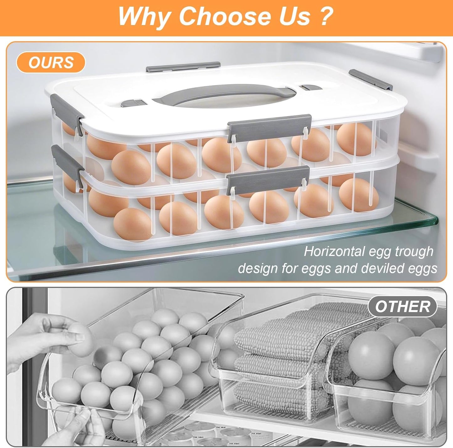2-Layer Deviled Egg Containers with Lid, 36 Slots Refrigerator fridge organizers and storage egg cartons with Handle for Easter, with Slicer Kitchen Tongs Piping Decorating Kit
