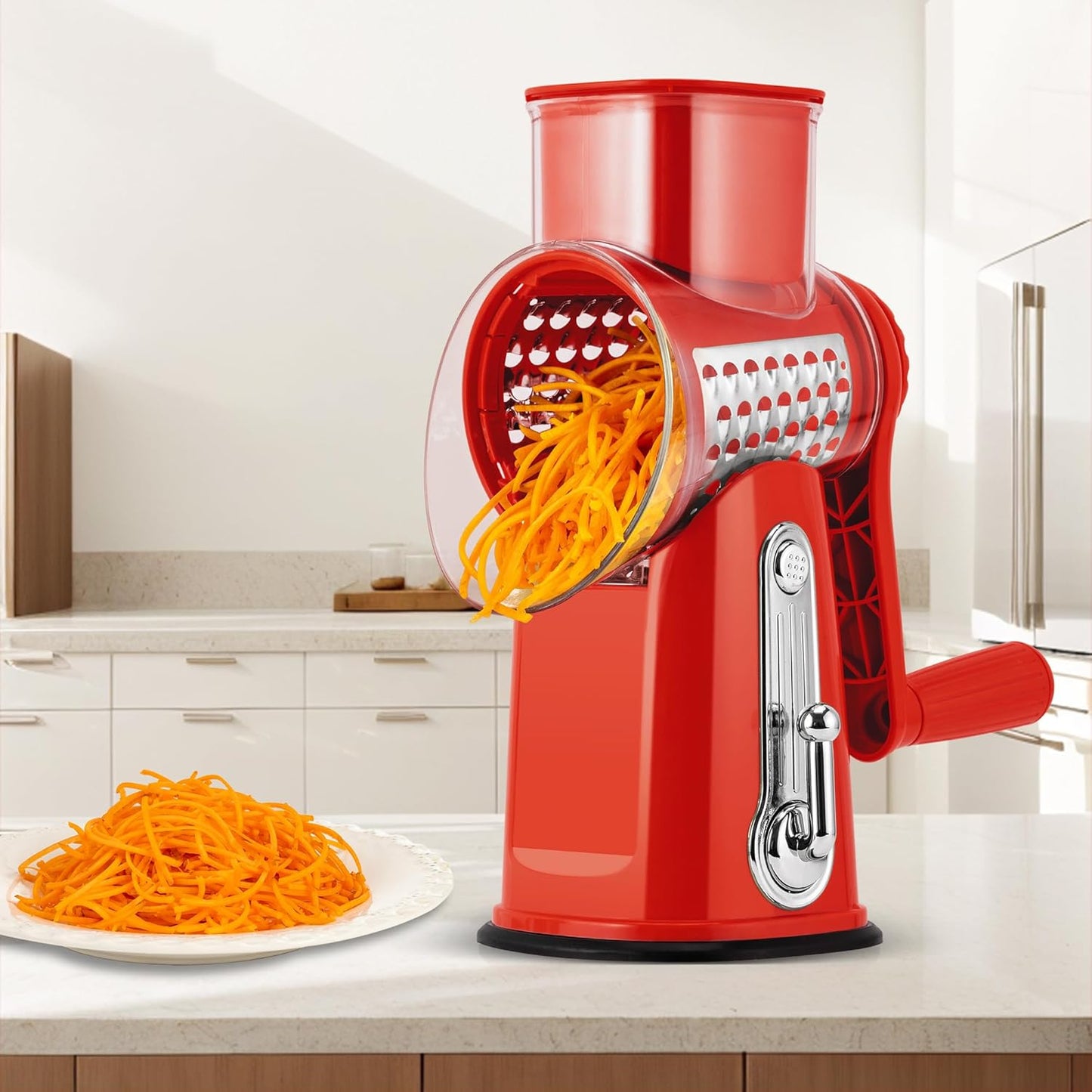 SUSTEAS Rotary Cheese Grater with Handle - Vegetable Shredder with 5 Well-designed Blades & Strong Suction Base,Round Mandoline Slicer & Food Chopper for Kitchen,with Blade Storage Box(Beige)