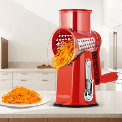 SUSTEAS Rotary Cheese Grater with Handle - Vegetable Shredder with 5 Well-designed Blades & Strong Suction Base,Round Mandoline Slicer & Food Chopper for Kitchen,with Blade Storage Box(Beige)