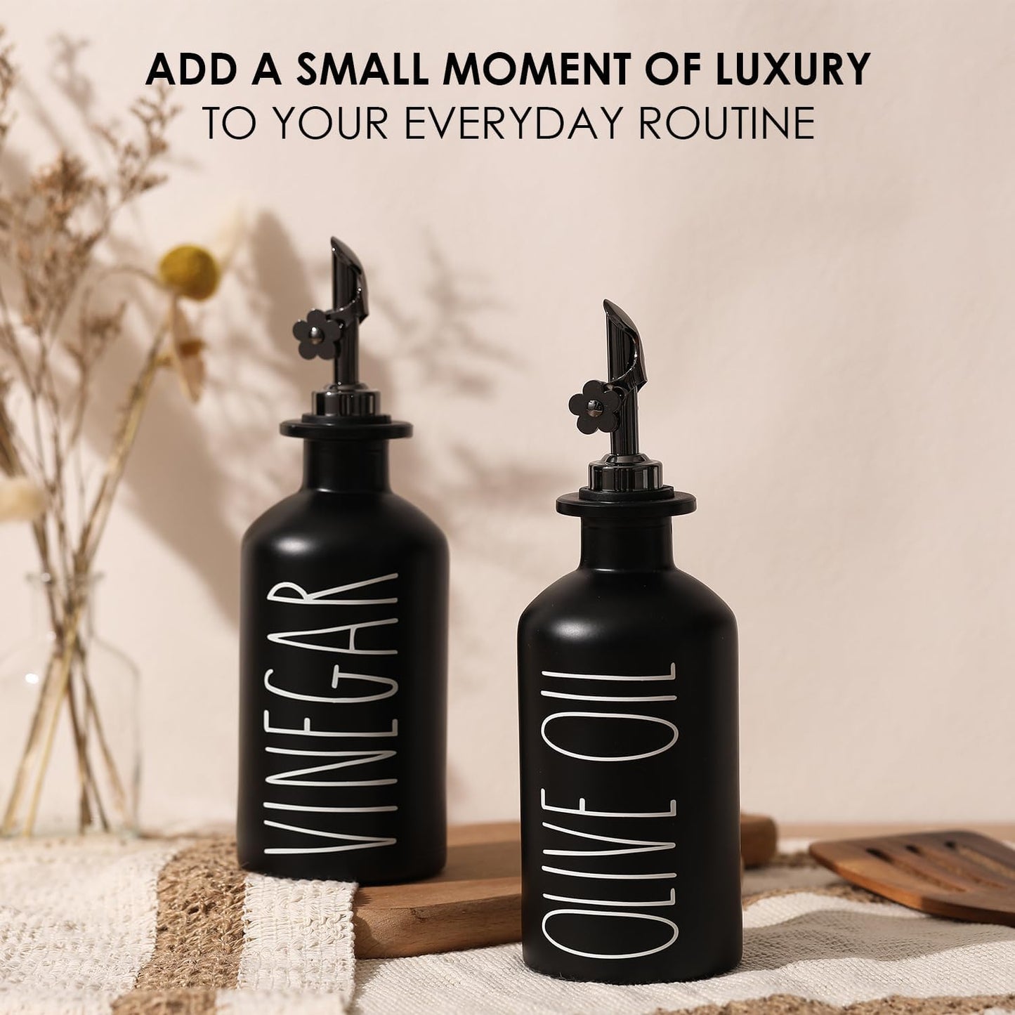 HOMCDALY Premium Olive Oil Dispenser for Kitchen, 11.8oz Glass Oil Bottles with Bamboo Tray, White and Gold Oil&Vinegar Cruet Set, Kitchen Dispenser Bottles with Pourer| Set of 2 (11.8oz –P–Gold)