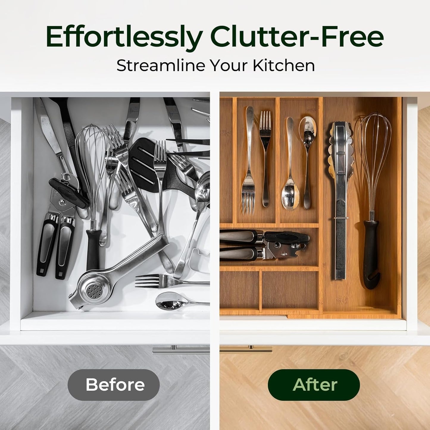 keechee Carbonized Bamboo Kitchen Drawer Organizer, 10 Slots Expandable Silverware Organizer, Utensil Holder & Cutlery Tray, 2.2" Deep for Extra Capacity, Non-Slip Feet Included