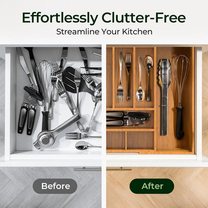 keechee Carbonized Bamboo Kitchen Drawer Organizer, 10 Slots Expandable Silverware Organizer, Utensil Holder & Cutlery Tray, 2.2" Deep for Extra Capacity, Non-Slip Feet Included