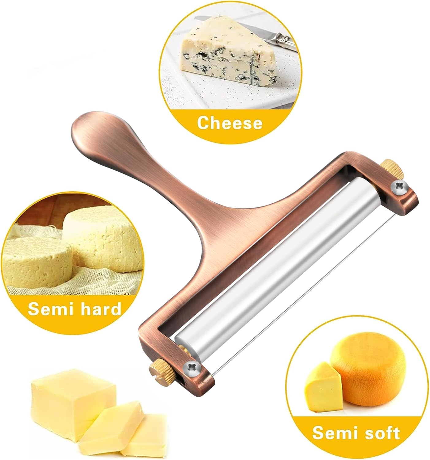 TOPULORS Wire Cheese Slicer Stainless Steel Handheld Cheese Cutter for Mozzarella, Cheddar, Gruyere - with 1 Extra Wire - Adjustable Thickness Cheese Shaver Cheese Slicers for Block Cheese (Silver)