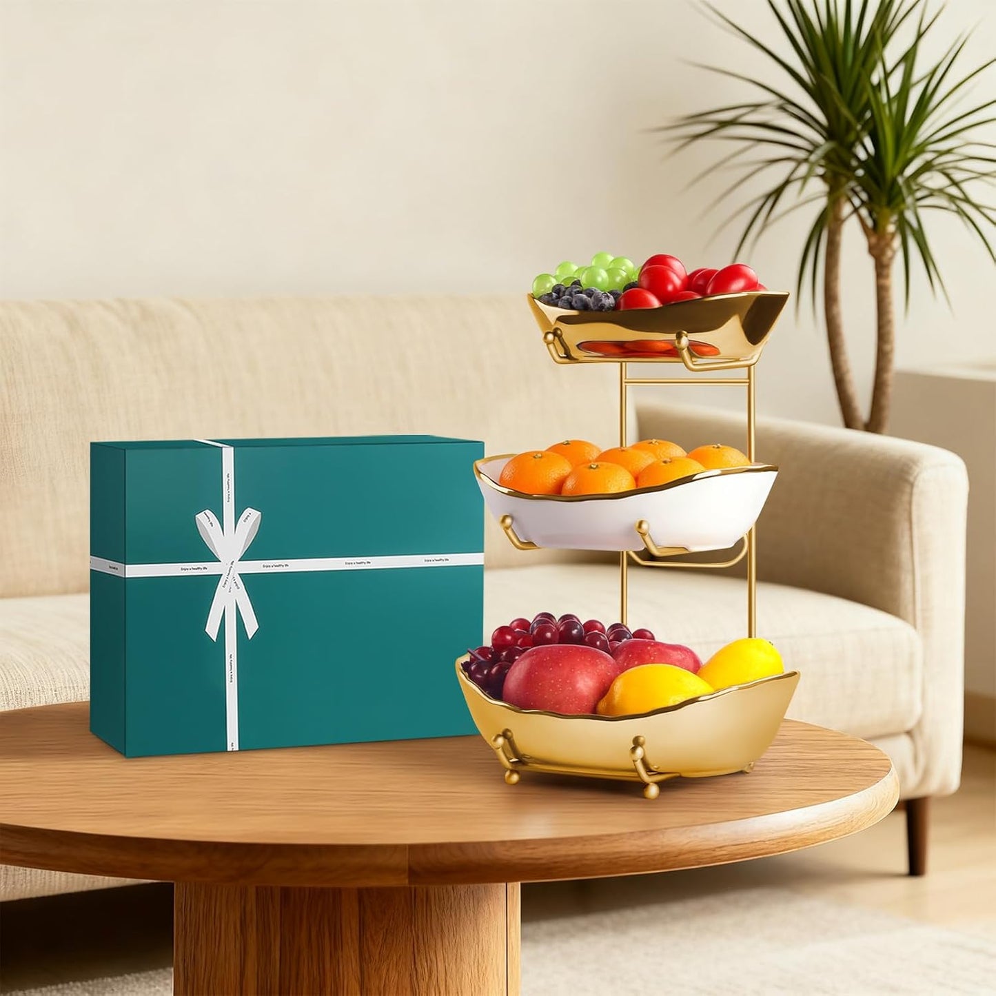 Fruit Bowl for Kitchen Counter, 3 Tier Ceramic Fruit Basket with Metal Stand, Tiered Fruit Stand for Countertop, Modern Multi Serving Bowl for Party Dessert, Vegetable, Snack