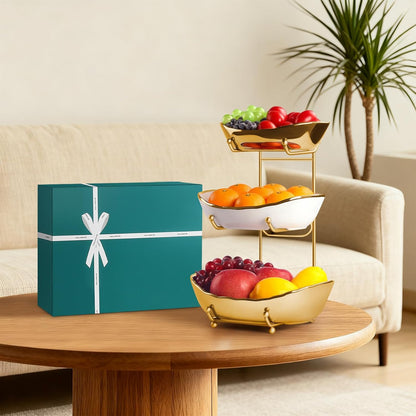 Fruit Bowl for Kitchen Counter, 3 Tier Ceramic Fruit Basket with Metal Stand, Tiered Fruit Stand for Countertop, Modern Multi Serving Bowl for Party Dessert, Vegetable, Snack