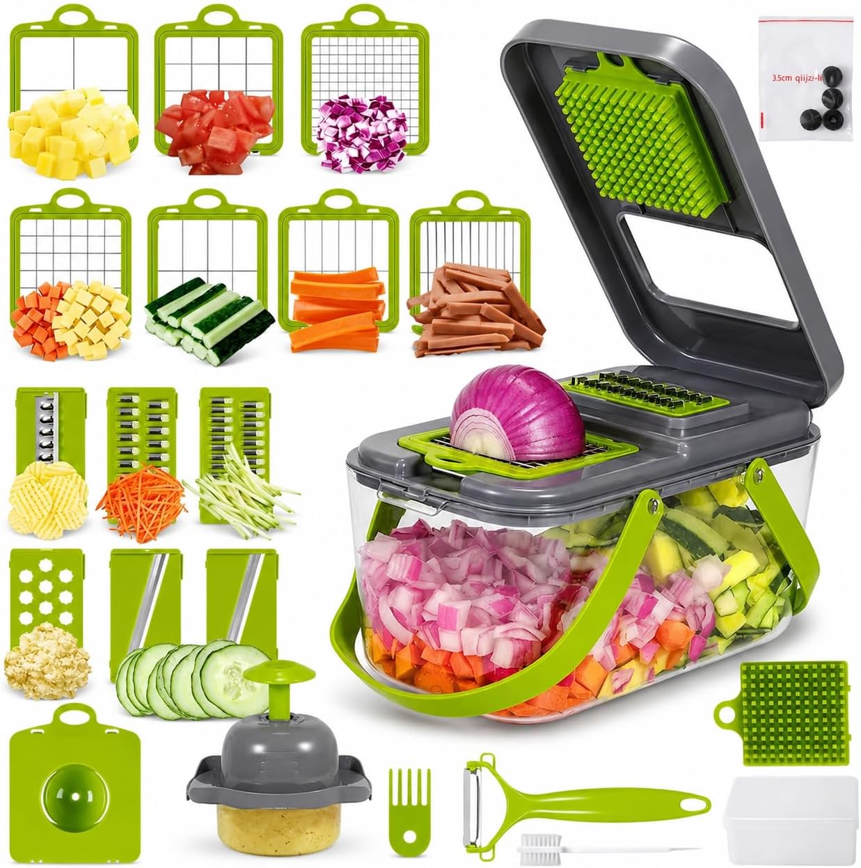 22-in-1 Vegetable Chopper with Container, Food Dicer Cutter, Mandoline Slicer & Cheese Grater, BPA-Free Kitchen Gadget for Onion, Potato, Cucumber & Veggies