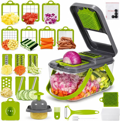 22-in-1 Vegetable Chopper with Container, Food Dicer Cutter, Mandoline Slicer & Cheese Grater, BPA-Free Kitchen Gadget for Onion, Potato, Cucumber & Veggies