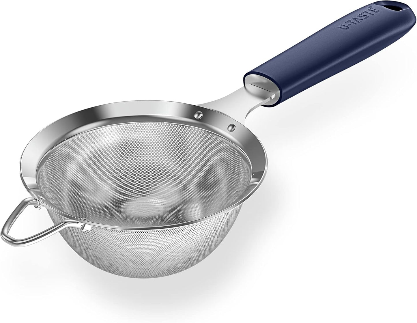 18/8 Stainless Steel Mesh Strainer: U-Taste 5.5 Inch Kitchen Fine Mesh Sieve Food Colander with Riveted Sturdy Silicone Handle and 30 Mesh Hole for Straining Flour, Pasta, Fruit, Quinoa(Aqua Sky)