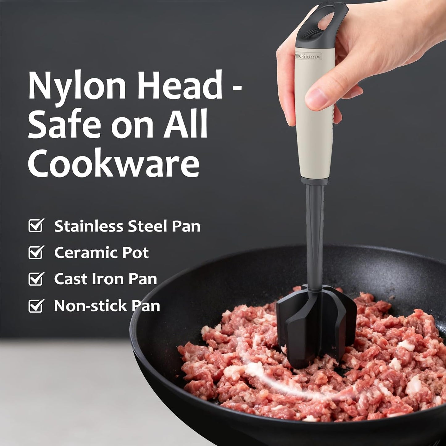 Ourokhome Meat Chopper and Potato Masher, Heat Resistant Nylon Ground Beef Smasher for Hamburger, 5 Curved Blades Nonstick Mixer & Stirrer, Practical Kitchen Gadgets, Black