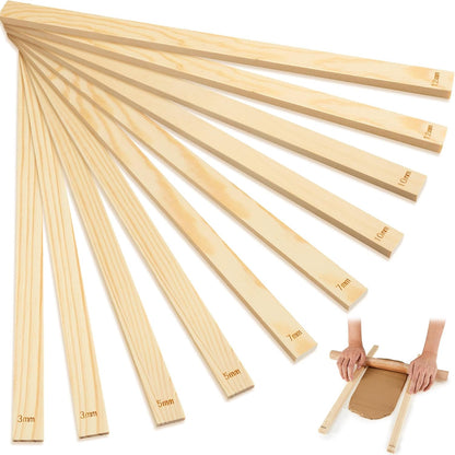 Sasylvia 10 Pcs Pottery Rolling Pin Guides Wood Teaching Rolling Mud Stick Guide Set Polymer Clay Depth Guide Pottery Tools Clay Mudboard Tools (5 Size,Wood Color)