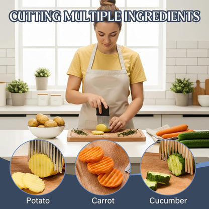 Stainless Steel Crinkle Cutter - Large French Fry Slicer, Potato Knife with Non-Slip Handle, Fruit and Vegetable Wavy Chopper