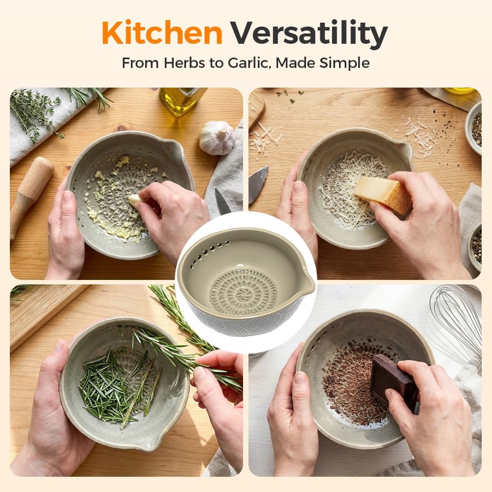 Handmade Garlic Grater and Herb Bowl,Herb Stripper Bowl with Grater,2-in-1 Stoneware Kitchen Prep Tool with 7 Hole Sizes (2 PCS)