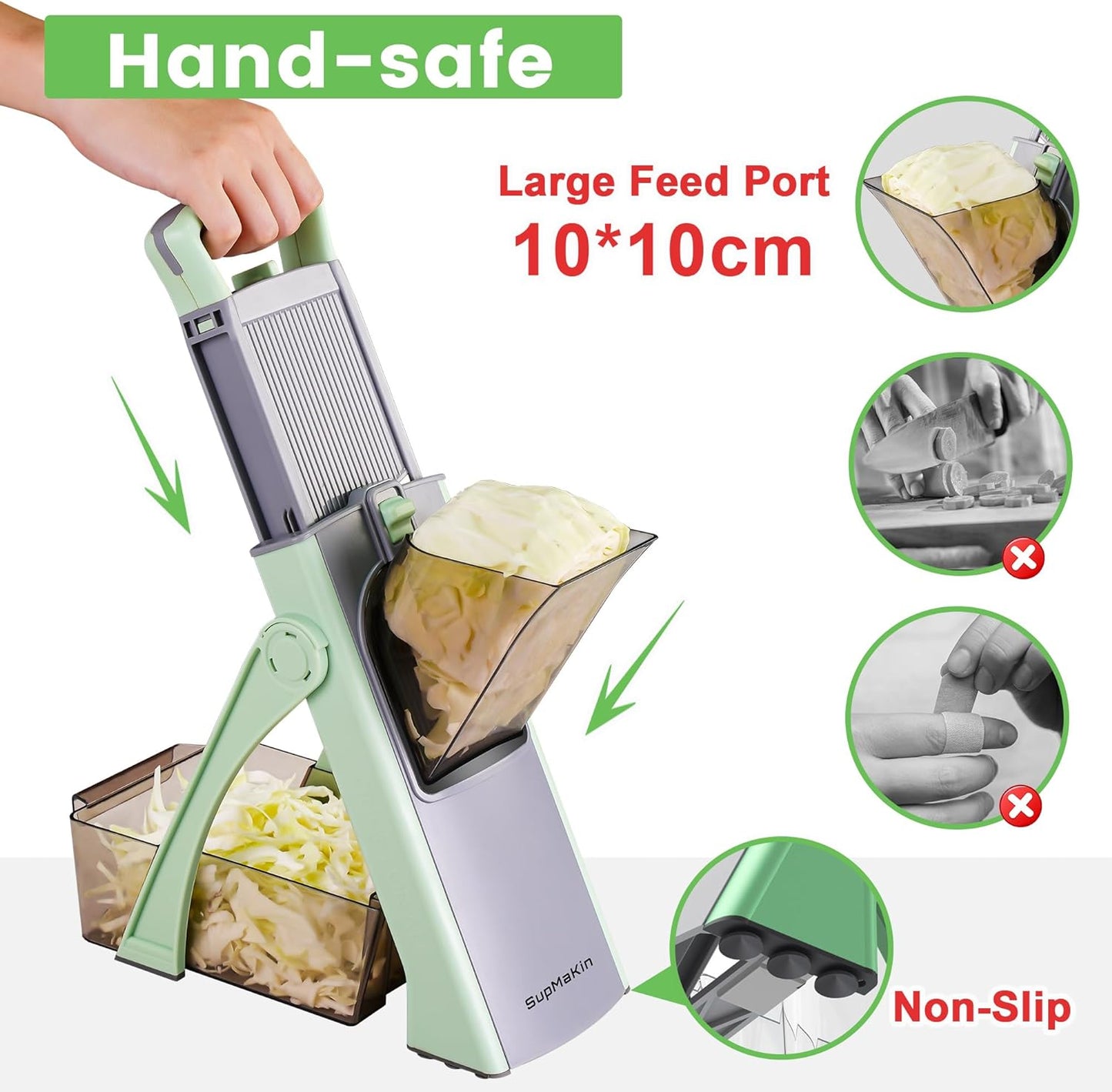 SupMaKin Upgrade Safe Mandoline Slicer Plus, Adjustable Vegetable Chopper Potato Slicer Onion Chopper, French Fries Cutter, Veggie Salad Chopper Kitchen Chopping Artifact (Green)