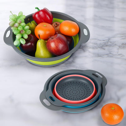 Collapsible Colander 3-Pack Set Space-Saving Foldable Kitchen Strainer with Non-Slip Base Durable Thickened PP+TPE Collapsible Strainers for Pasta, Vegetables, Fruits (Gray-White)