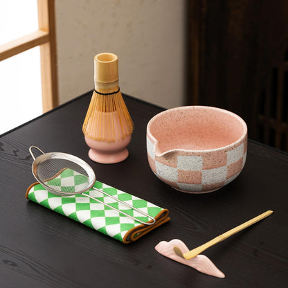 Premium 7-Piece Matcha Tea Set – Traditional Japanese Style with Elegant Grid Pattern, Includes Bamboo Whisk, Ceramic Bowl, Scoop & More – Perfect for Matcha Lovers & Tea Ceremony (Orange grid)