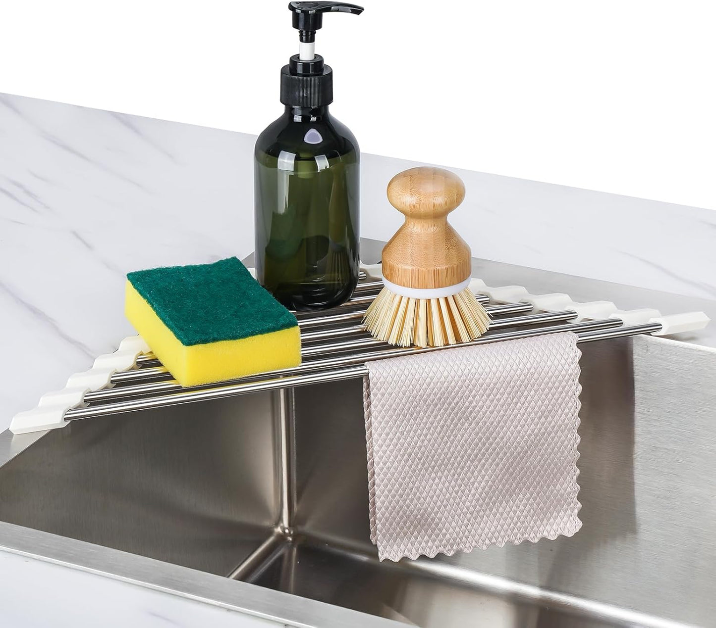 Tomorotec Triangle Foldable Dish Drying Rack, Small Roll-Up Stainless Steel Over Sink Drainer for Kitchen Sink Corner, Rustproof Multipurpose Organizer(Pink)