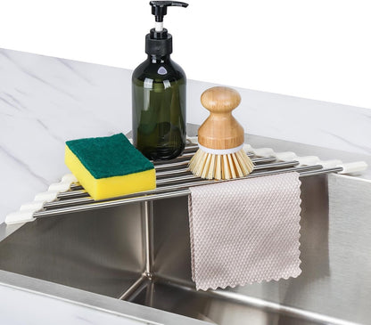 Tomorotec Triangle Foldable Dish Drying Rack, Small Roll-Up Stainless Steel Over Sink Drainer for Kitchen Sink Corner, Rustproof Multipurpose Organizer(Pink)
