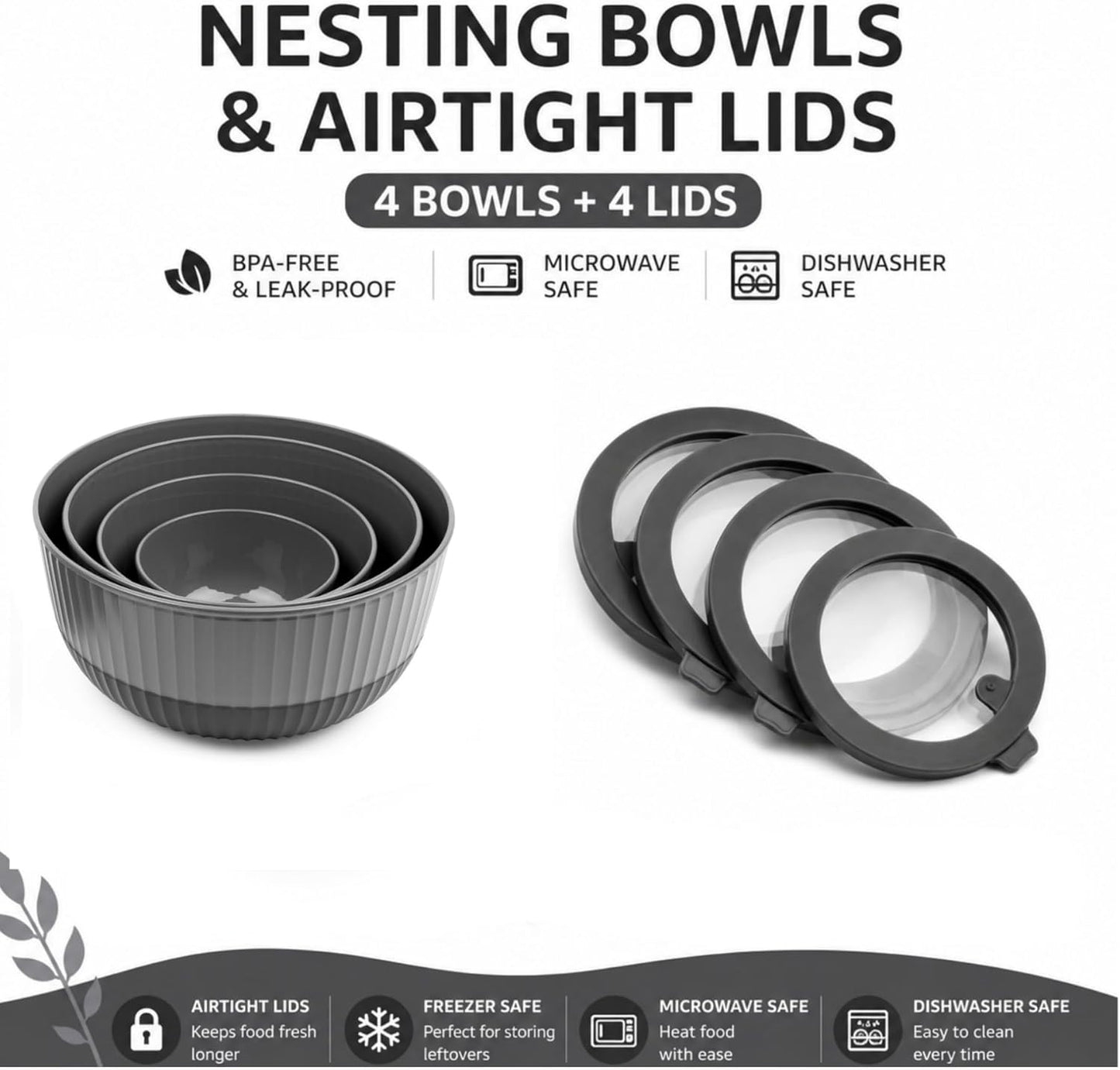Dora Mixing Bowls with Lids Set, Nesting Kitchen Prep Bowls, BPA Free, Microwave & Dishwasher Safe, Food Prep and Storage Bowl Set – Black