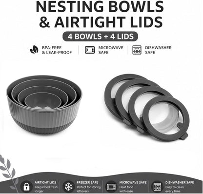 Dora Mixing Bowls with Lids Set, Nesting Kitchen Prep Bowls, BPA Free, Microwave & Dishwasher Safe, Food Prep and Storage Bowl Set – Black