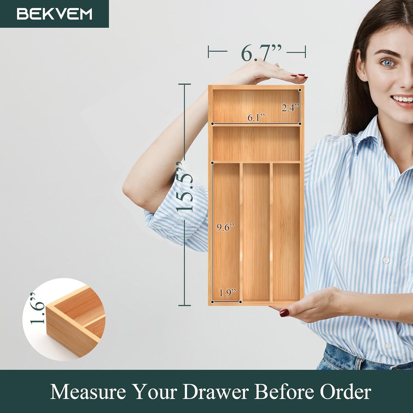 Bamboo Silverware Organizer, Kitchen Drawer Organizer, Utensil Holder, Cutlery Tray & Spoon Flatware Storage with Grooved Drawer Dividers (9.5''W x 13.5''D)