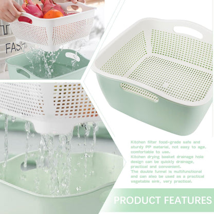 Double-layer Plastic Fruits Vegetable Washing Basket Food Storage Multi-layer Stackable Vegetable Sinks Wash Drain Basket for Kitchen (White)