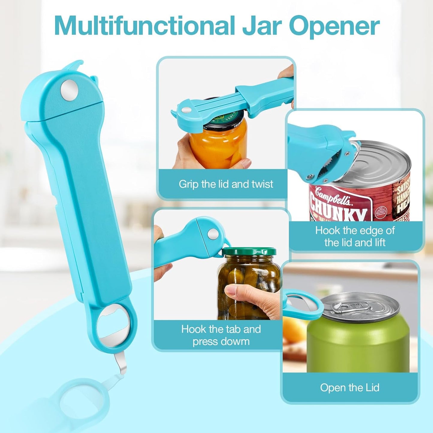 7 in 1 Jar Opener Bottle Opener and Wine Opener for Seniors with Arthritis, Weak Hands, Multi Retractable Magnetic Can Opener, Original Kitchen Lid Opener Tool (Black)
