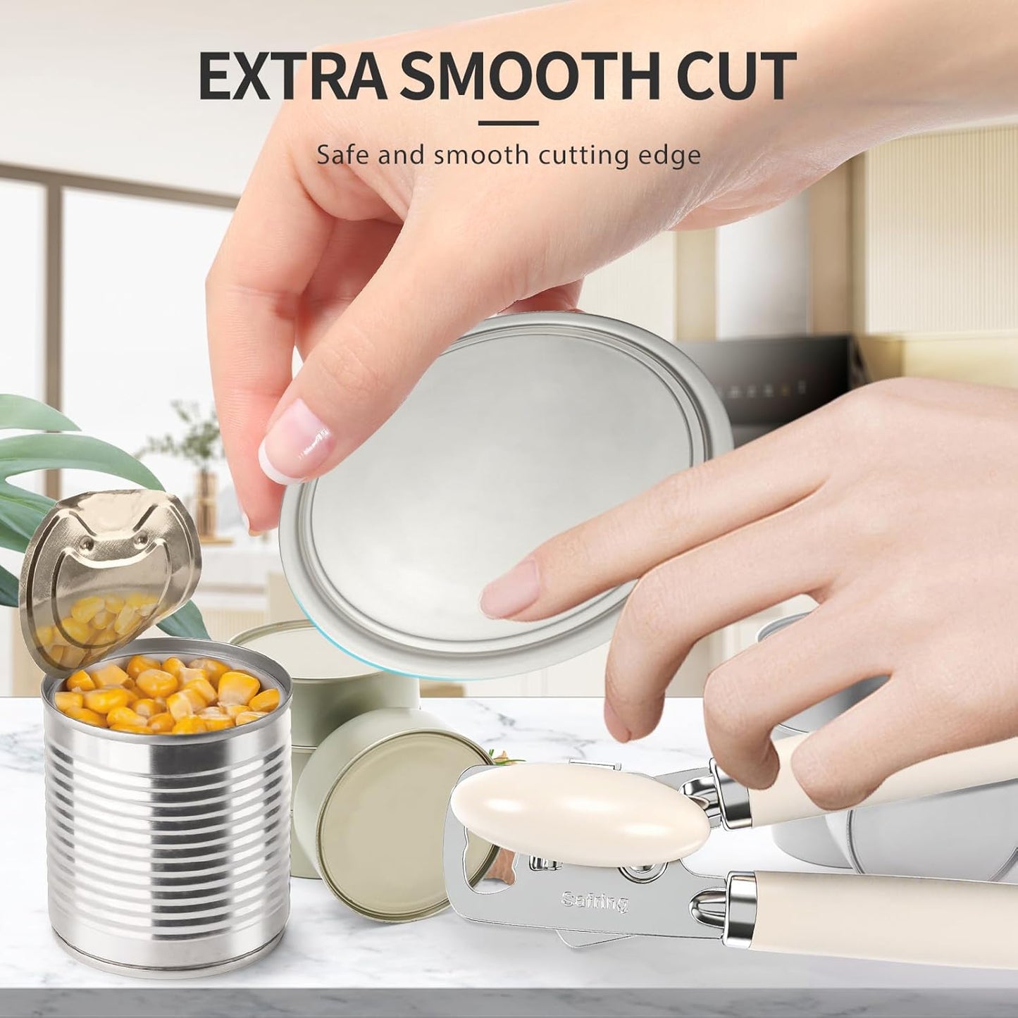 Safring Can Opener Manual, Heavy Duty Stainless Steel Smooth Edge Can Openers With Soft Touch Handle, Oversized Handheld Easy Turn Knob, Multi-Function Bottle Opener, Black