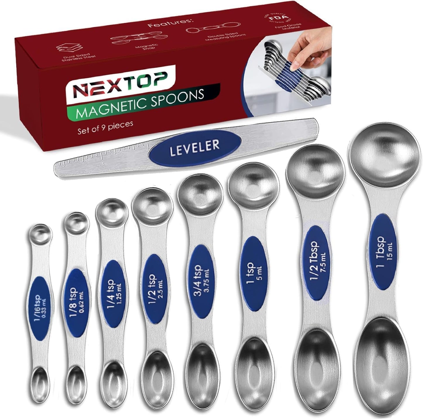 Magnetic Measuring Spoons Set of 9 Stainless Steel Dual-Sided Stackable Measuring Spoon Nesting Teaspoons Measuring Dry and Liquid Ingredients, Fits in Spice Jars Set of 9 (Yellow)