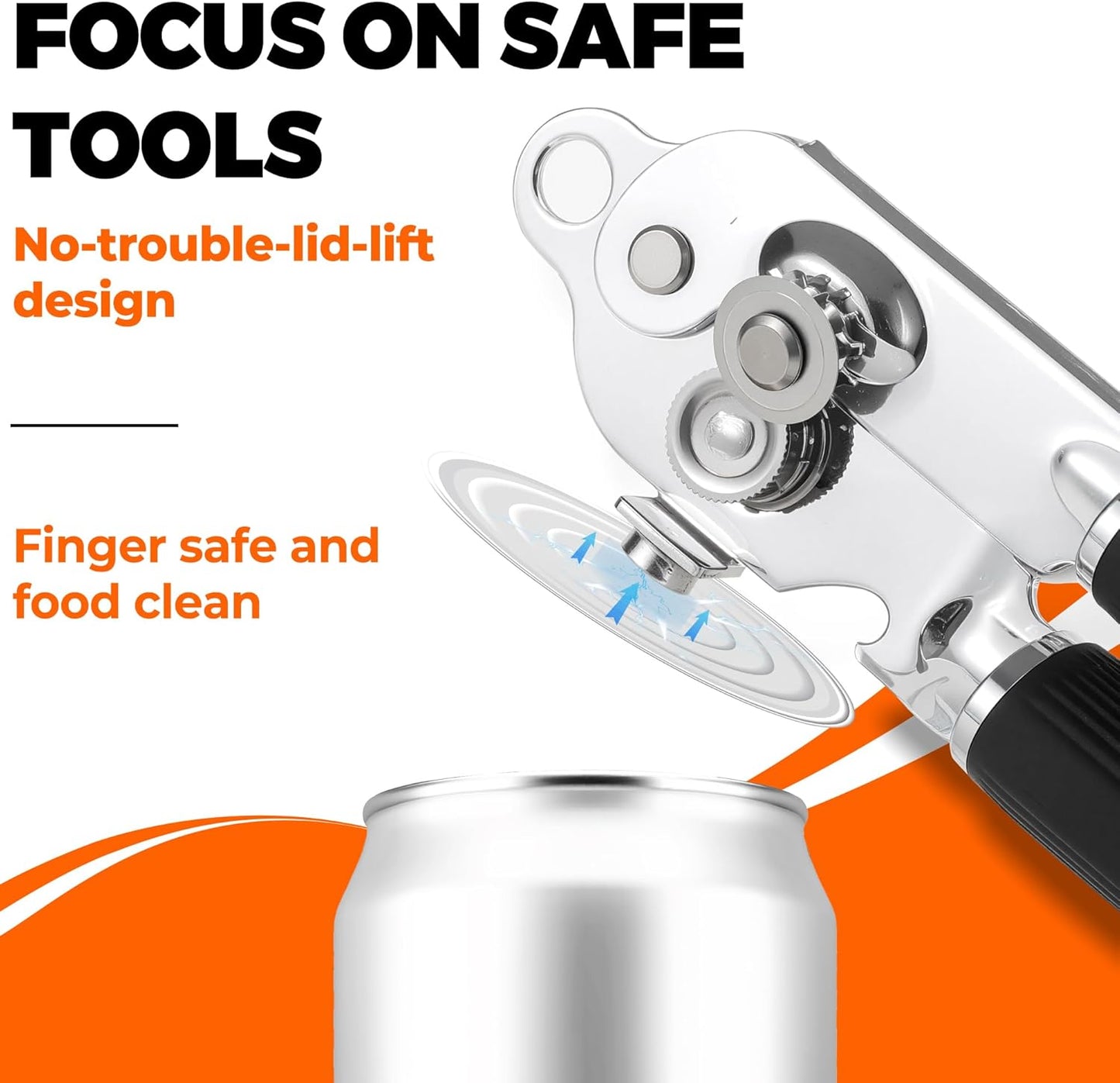 Can Opener Manual Heavy Duty Stainless Steel Smooth Edge with Magnet Large Effort Saving Knob Soft Grip Handle for Arthritis Elderly with Bottle Opener Kitchen Tool Black