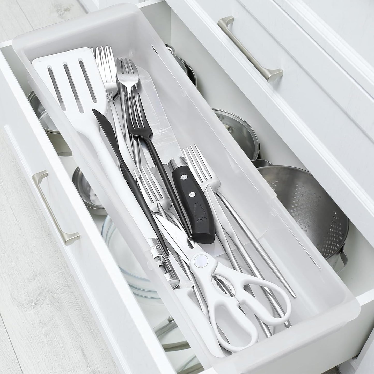 2 Pack Deep Drawer Organizer Bins, Adjustable Sliding Drawer Organizer Bin Expandable Tray for Kitchen Utensils, BBQ Tools, Towels, Durable Plastic Sliding for Easy Storage (12.4" to 18”)