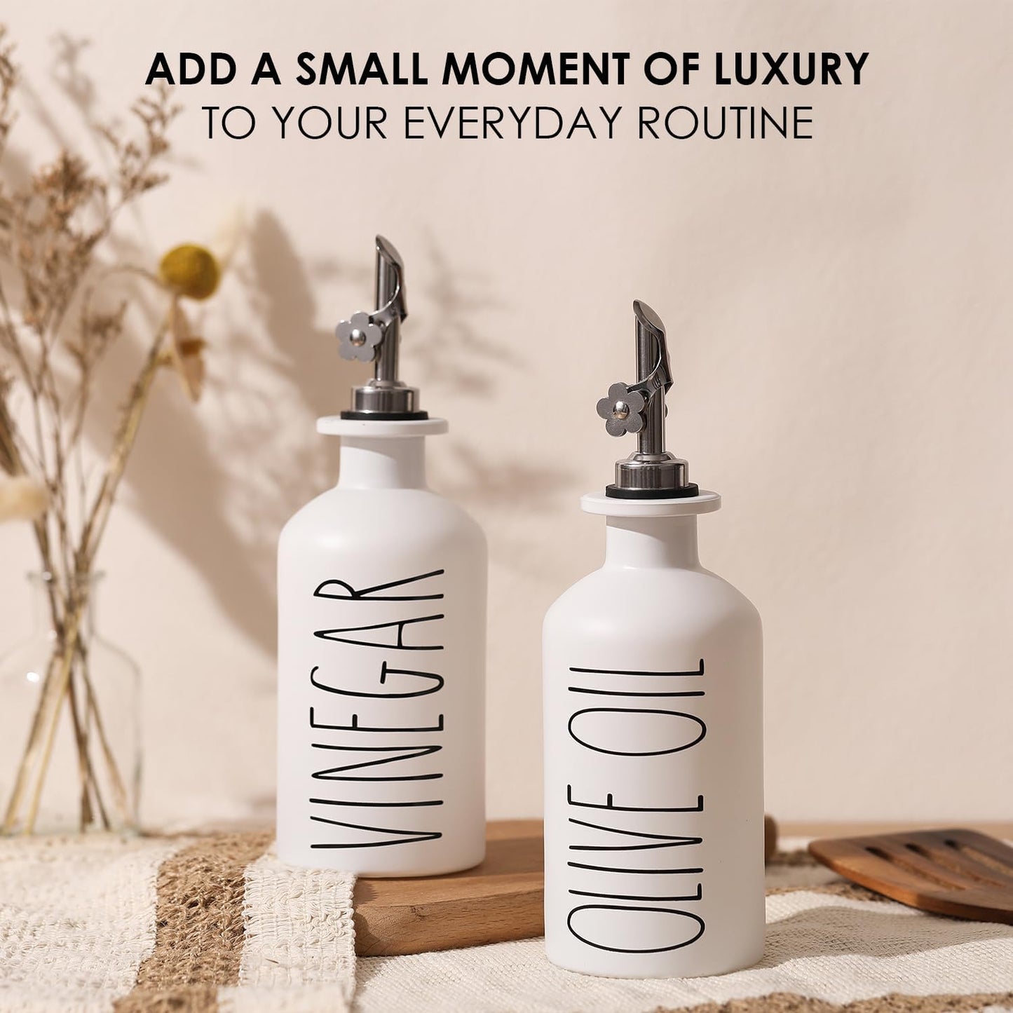 HOMCDALY Premium Olive Oil Dispenser for Kitchen, 11.8oz Glass Oil Bottles with Bamboo Tray, White and Gold Oil&Vinegar Cruet Set, Kitchen Dispenser Bottles with Pourer| Set of 2 (11.8oz –P–Gold)