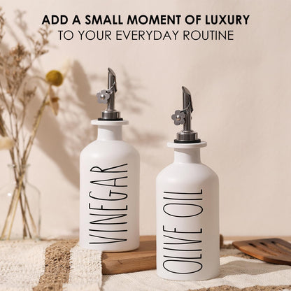 HOMCDALY Premium Olive Oil Dispenser for Kitchen, 11.8oz Glass Oil Bottles with Bamboo Tray, White and Gold Oil&Vinegar Cruet Set, Kitchen Dispenser Bottles with Pourer| Set of 2 (11.8oz –P–Gold)