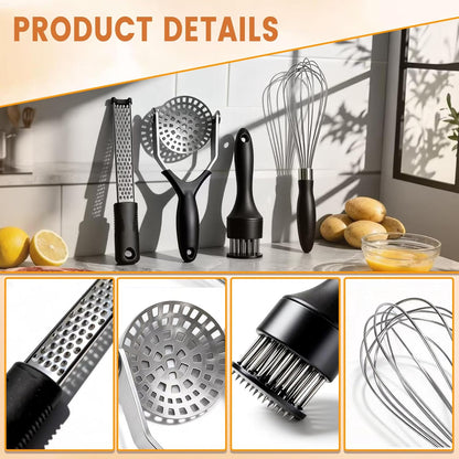 4-Piece Kitchen Gadget Set with Potato Masher, Balloon Whisk, Meat Tenderizer & Cheese Grater - Essential Prep Tools for Baking, Cooking & Meal Prep, Dishwasher Safe
