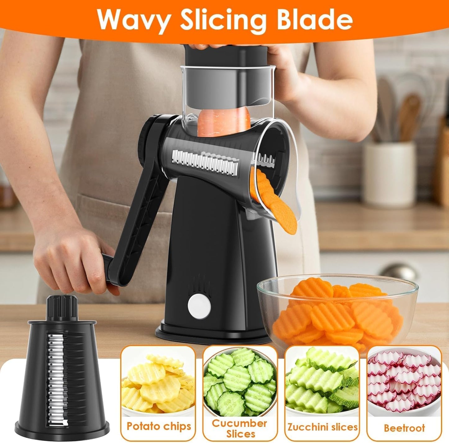 MealHelper 5 Blade Rotary Cheese Grater and Vegetable Chopper with Storage Box and Hand Crank, Compact Shredder for Cheeses, Veggies, Nuts - Easy to Use, Non-slip Suction Base,White