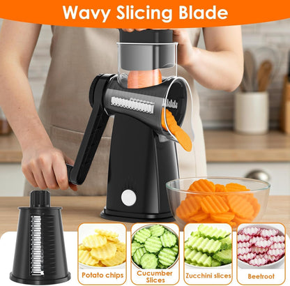 MealHelper 5 Blade Rotary Cheese Grater and Vegetable Chopper with Storage Box and Hand Crank, Compact Shredder for Cheeses, Veggies, Nuts - Easy to Use, Non-slip Suction Base,White
