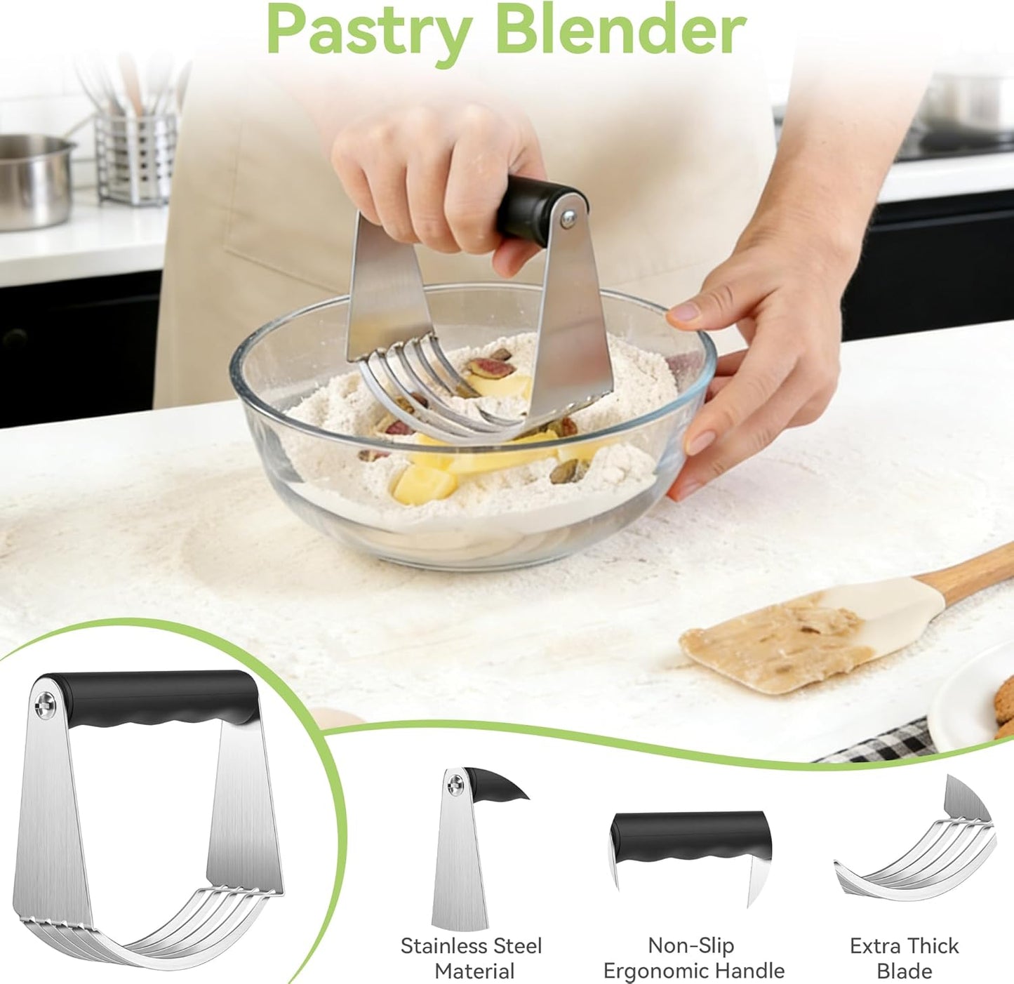 USLAI Biscuit Cutter Set, Stainless Steel Round Cookie Cutter with Bench Scraper & Pastry Blender, Professional Kitchen Baking Dough Tools (3-Piece Set)