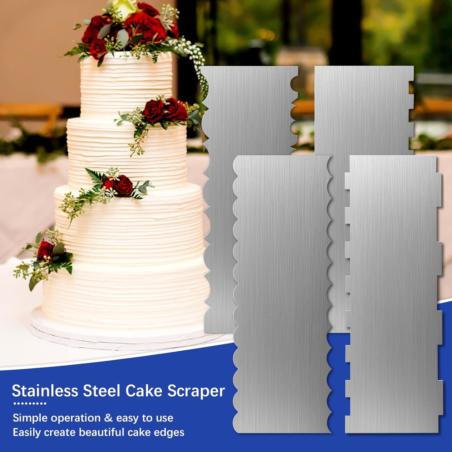 2 Pcs Stainless Steel Cake Scraper, 8.6-inch Double Sided Patterned Edge Stripe Edge Smoother Scraper, Cake Decorating Comb Metal Cake Scraper for Butter Mousse Cream Decoration