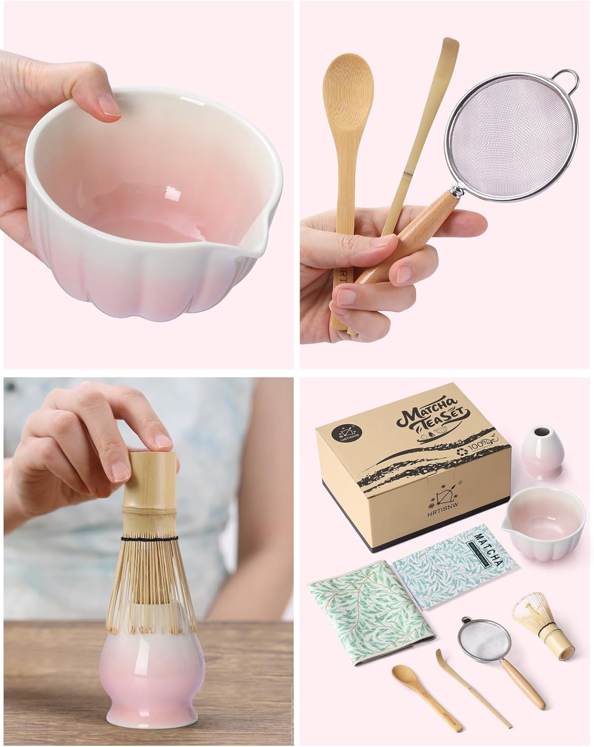 Matcha Whisk Set, 7 Pcs, Matcha Kit Includes Matcha Bowl, Matcha Whisk and Holder, Bamboo Scoop, Spoon, Sifter and Tea Towel, Matcha Set, Gift for Matcha Lovers & Beginners (Pink)
