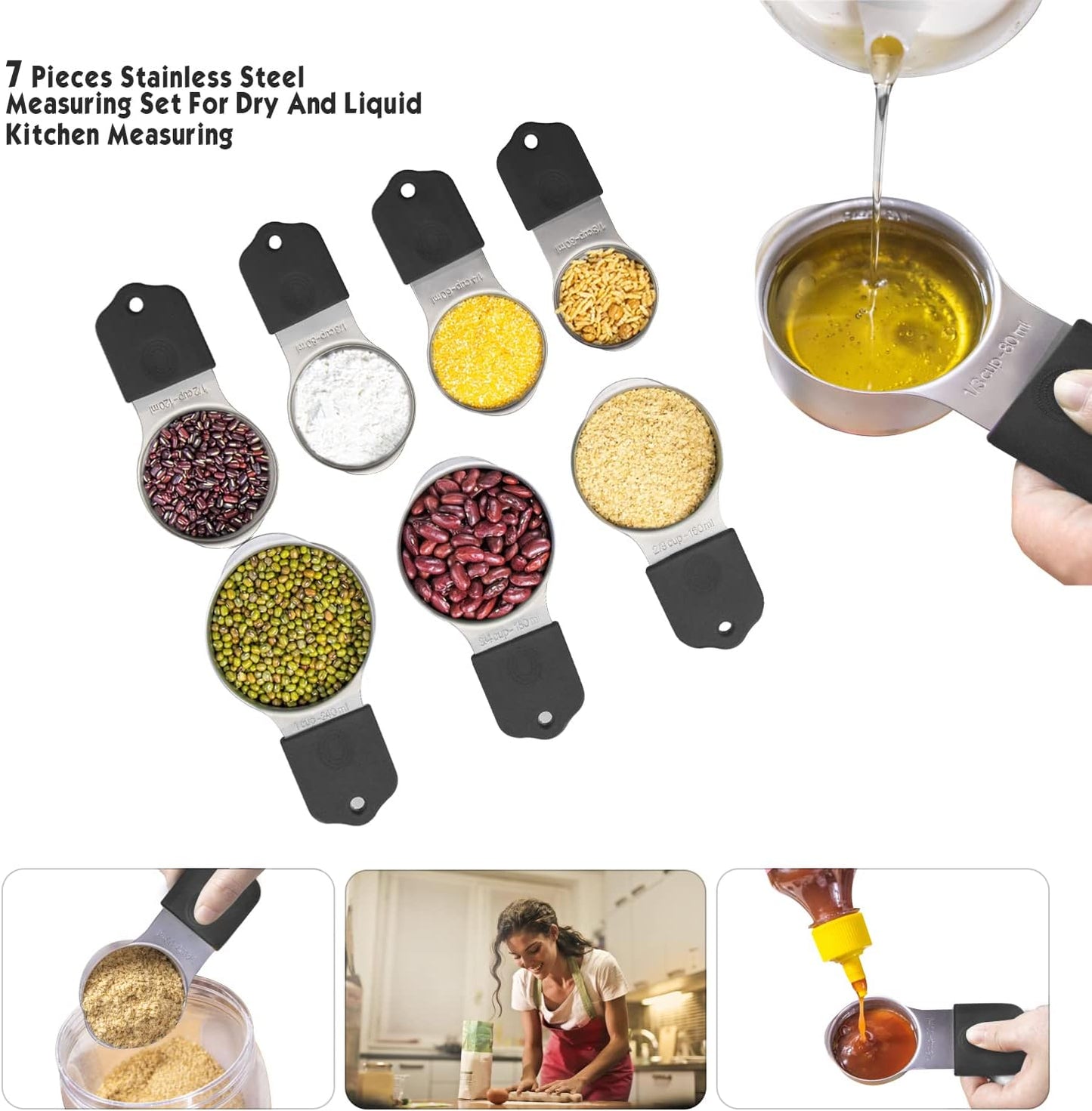Magnetic Measuring Cups Set, 7 Pieces 18/8 Stainless Steel Stackable Nesting Heavy Duty Measuring Cups, kitchen Tools, Perfect for Dry and Liquid Ingredients, Dishwasher Safe (Muticolour, 7 set)
